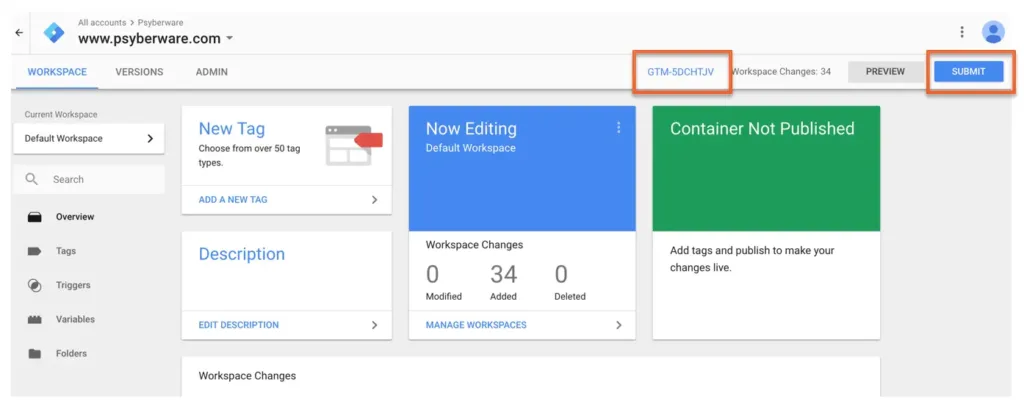 Google Tag Manager example of publishing a container