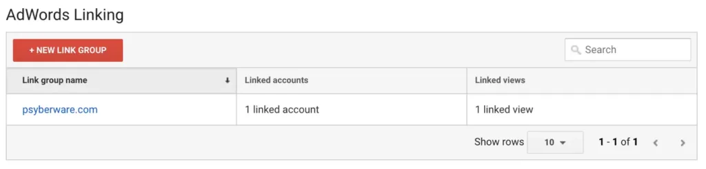 Google Analytics screen showing linked Adwords account