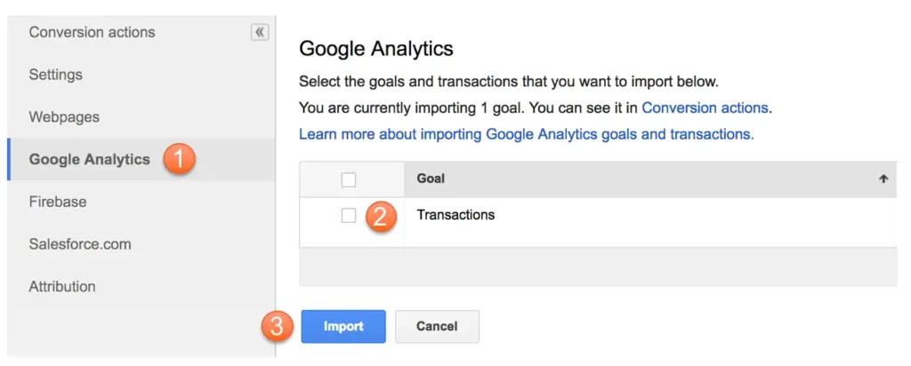 Google Ads screen showing how to import transaction data from Analytics