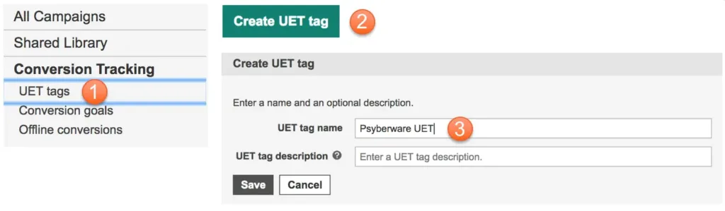 Microsoft Ads screen showing UET tag setup