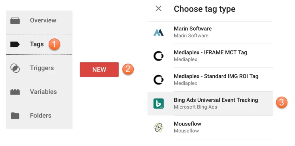 Google Tag Manager showing selection of Microsoft Ads event tag