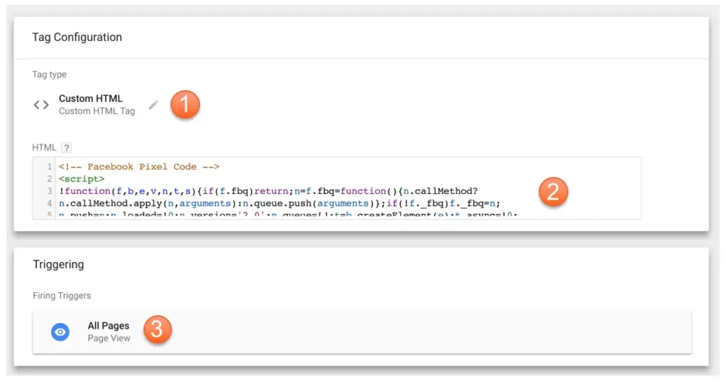 Google Tag Manager showing custom HTML Facebook Pixel 