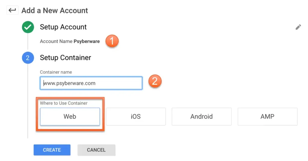 Step one of creating a new Google Tag Manager account