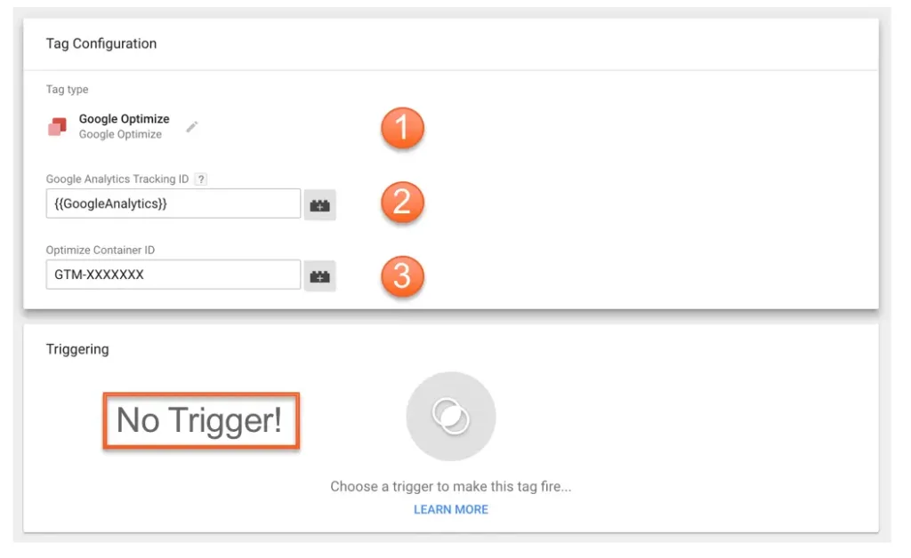 Google Tag Manager showing Google Optimize tag setup