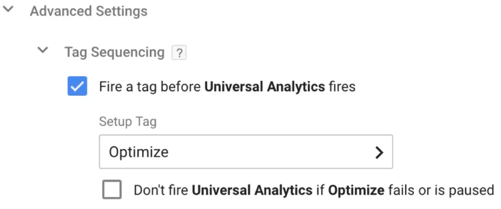 Google Tag Manager showing tag firing order for Google Optimize and Analytics