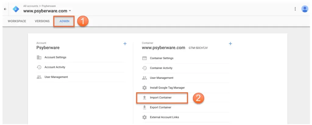 Google Tag Manager screen for importing a container
