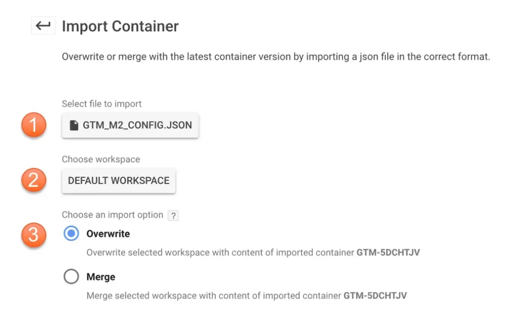Google Tag Manager screen on importing the default Magento 2 json