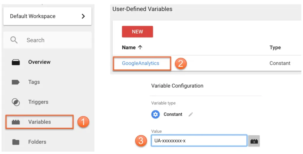 Google Tag Manager example of adding a constant to hold your Google Analytics ID