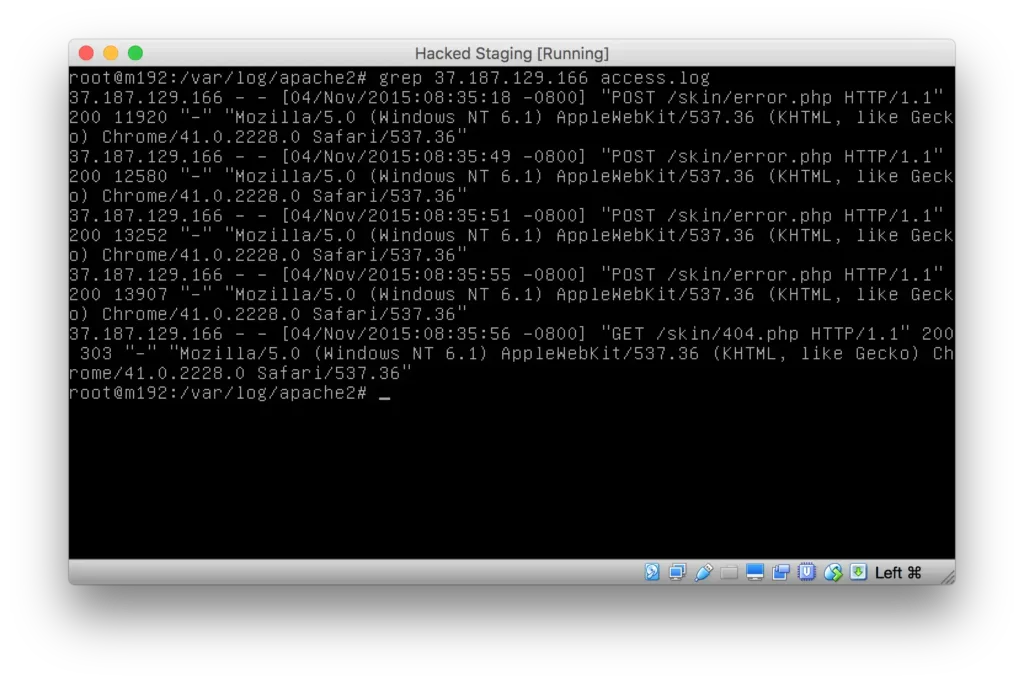 Terminal window showing grep of apache logs indicating skin file error