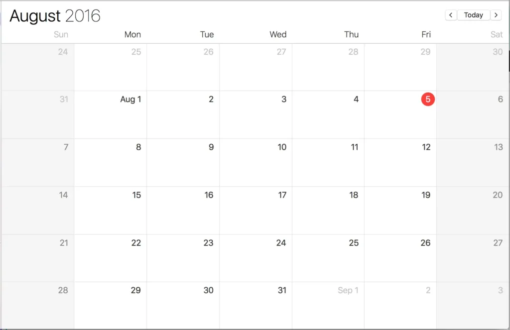 Calendar showing August 2016 Friday the 5th