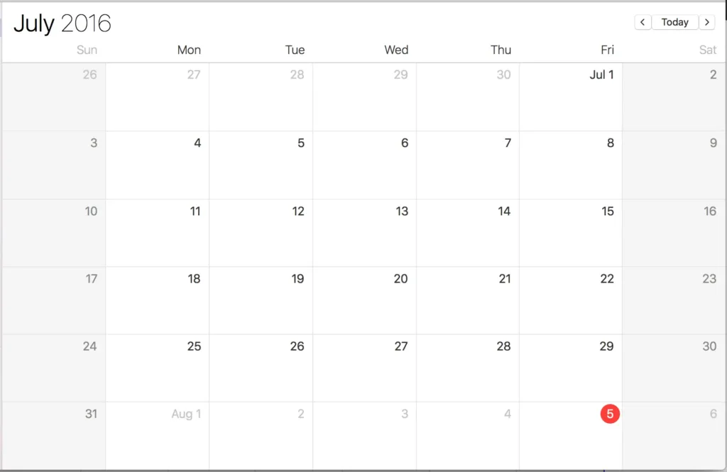 Calendar showing July 2016 Friday the 5th