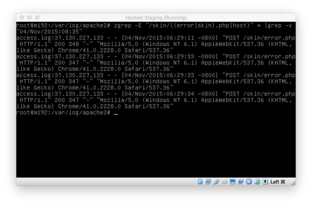 Terminal window showing grep of apache access logs