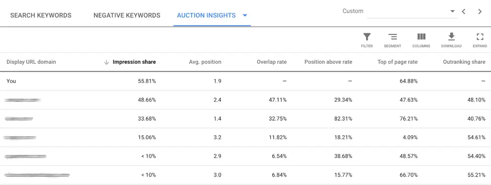 Example of Google Ads Auction Insights