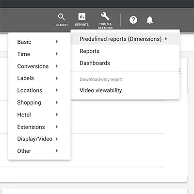 Google Ads menu option showing predefined reports